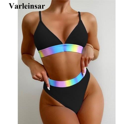 Sexy 2021 Splicing Padded High Waist Bikini Female Swimsuit Women Swimwear Two-pieces Bikini set Bather Bathing Suit Swim V3137