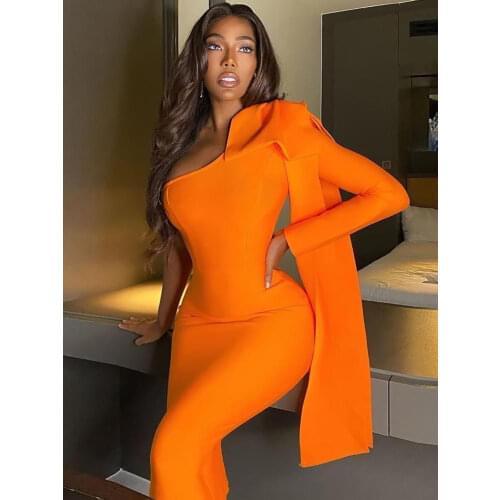 Ailigou Aummer New WomenS Fashion Sexy One-Shoulder Long-Sleeved Bow Elegant Celebrity Bandage Dress Bodyon Midi Dress Vestidos