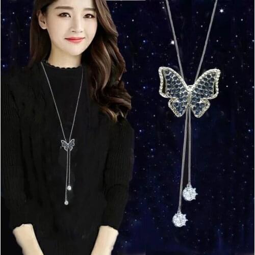 Butterfly Long Necklaces for Women Jewelry 2021 Fashion Blue Crystal Butterfly Chain Necklaces & Pendants Sweater Chain Collier