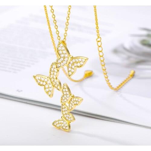 Crystals Flying Butterfly Necklace Animal Jewelry Gold Color Stainless Steel Chain Zirconia Insect Necklace Women Gifts