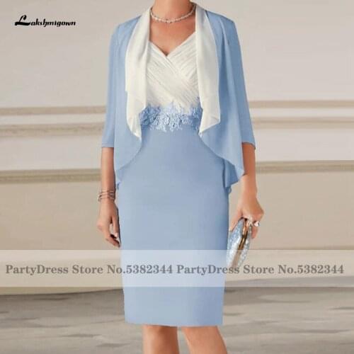 Lakshmigown Elegant Light Blue Mother of the Bride Outfits 2022 Robe Femme Sheath Chiffon Party Dress Knee Length Guest Gowns