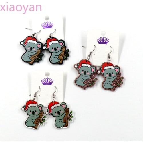 (1pair) Santa Cap Koala Earrings Christmas Holiday Statement Drop Earrings Glitter Acrylic Earrings