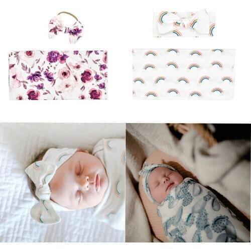 2Pcs/Set Newborn Baby Receiving Blanket Headband Set Infant Floral Swaddle Wrap Sleeping Bag Hair Band Kit