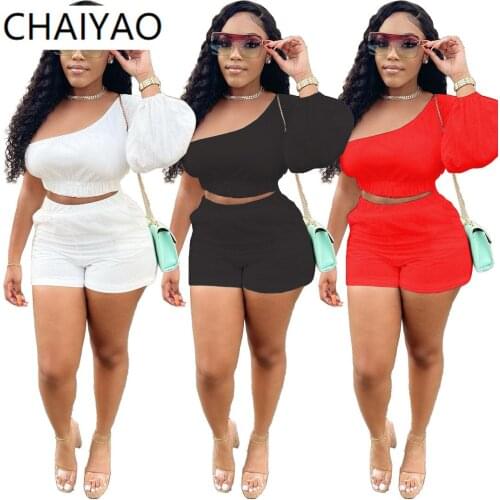 48SM9191 Summer Fashion Solid White Sloping Long Shoulder Sleeves Top and Pants Two Piece Set Women Outfits Sexy Party Suit Set