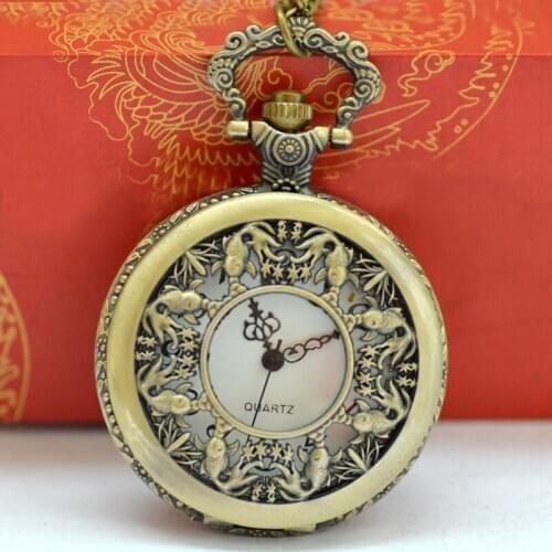 50pcs/lot Vintage Bronze Hollowed Fish Quartz Pocket Watch Necklace Gift Watch Wholesale