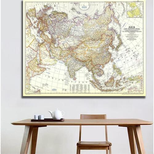 60x90cm 1951 Edition Vinyl Spray Painting Map of Asia And Adjacent Areas Fine Canvas Wall Map For Lounge Wall Decor