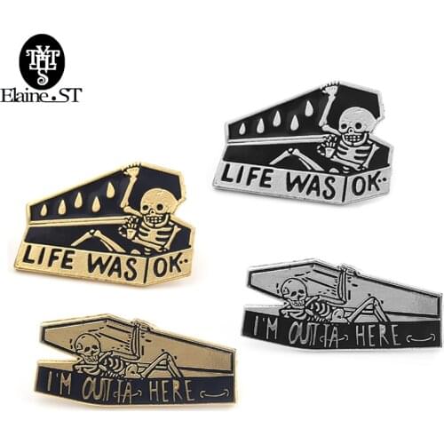 "LIFE WAS OK" Skull Coffin Brooches Enamel Pins Button Cartoon Skull Skeleton Pins Badge Icon Halloween Party Gift