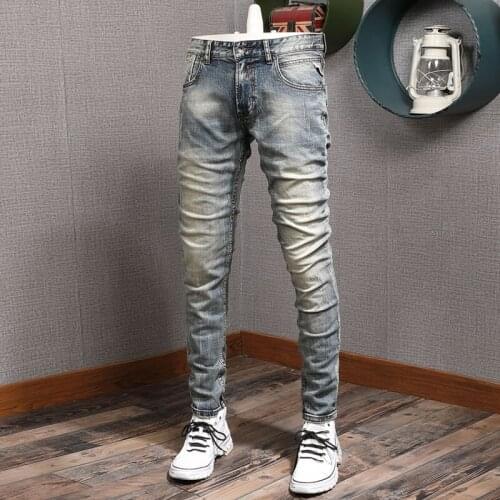 European Vintage Fashion Men Jeans Retro Elastic Cotton Slim Fit Distressed Ripped Jeans Men Simple Designer Casual Denim Pants