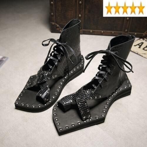 Leather 2021 Design Runway Genuine Snakeskin Casual Lace Up Vintage Gladiator Sandals Geometric Shape Sole Mens Shoes