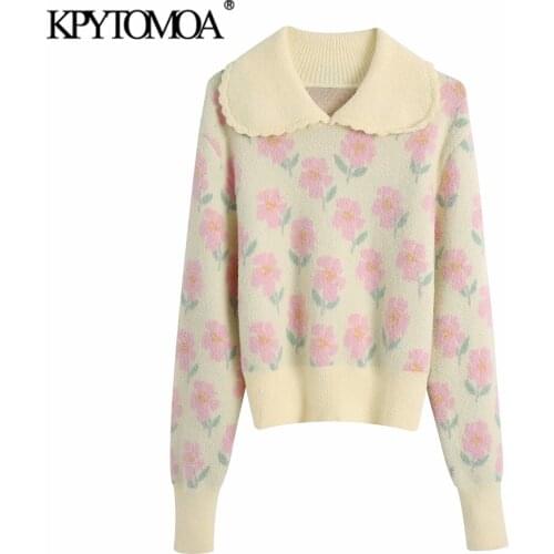 KPYTOMOA Women 2021 Sweet Fashion Floral Print Sweater Vintage Peter Pan Collar Long Sleeve Female Pullovers Chic Tops