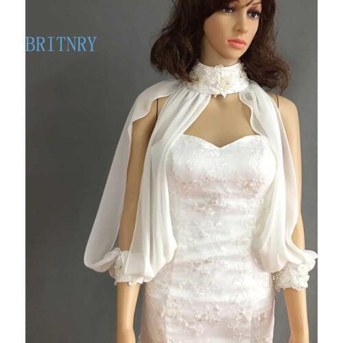 BRITNRY Summer Chiffon Bolero Women Lace Appliques Ivory Wedding Jacket Beading with Pearls Fashion Wedding Cape