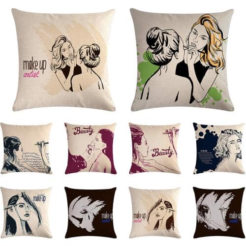 Cartoon womens makeup cushion cover eyebrow drawing lipstick holding pillow cover linen sofa chair fashion decoration 45x45cm