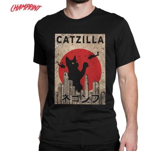 Catzilla Vintage Sunset Style Kitten T-Shirt Men Japanese Cat Lover Pure Cotton Tee Shirt Round Neck T Shirt Plus Size Tops