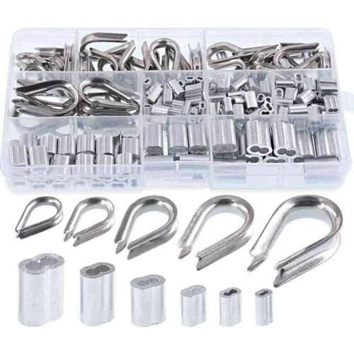 EASY-250Pcs Wire Rope Cable Thimbles Combo and Aluminum Crimping Loop Sleeve Assortment Kit for Wire Rope Cable Thimbles Rigging