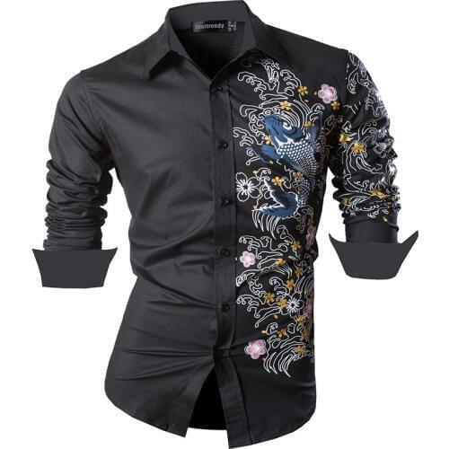 Sportrendy Mens Shirt Dress Casual Long Sleeve Slim Fit Fashion Dragon Stylish JZS091 Black