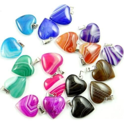 Natural stone Quartz Crystal lapis opal Striped Agates Heart-shaped pendant for diy Jewelry making necklace Accessories 12pcs