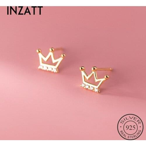 INZATT Real 925 Sterling Silver Zircon Hollow Crown Stud Earrings For Fashion Women Cute Fine Jewelry Minimalist Accessories