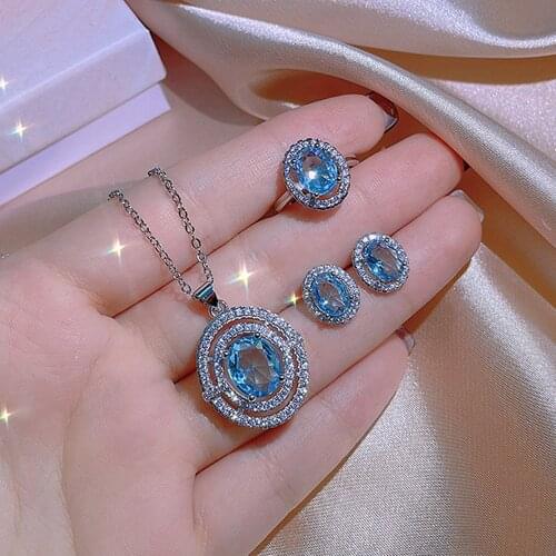 Chic Sea Blue Crystal Topaz Aquamarine Gemstones Diamonds Jewelry Sets for Women 18k White Gold Silver Color Pendants Earrings