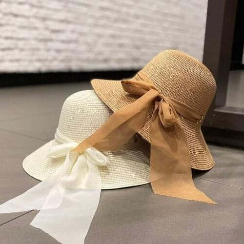 2020 Summer womens Big Bow Sun Hat Hepburn Style Vintage Design Wide side Straw Hat Solid Color Anti-UV Holiday Beach Hat
