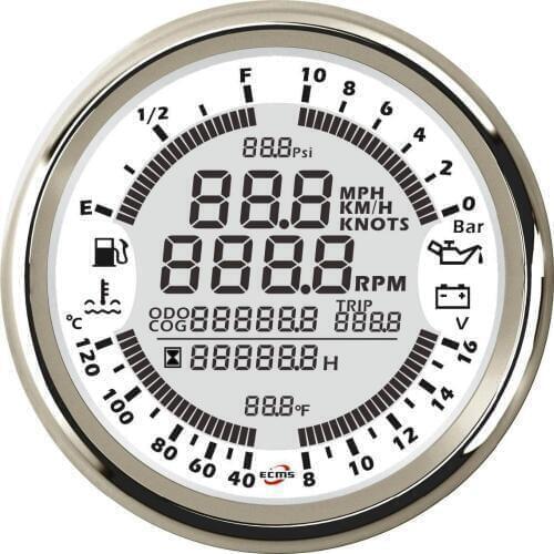 Marine Boat Digital GPS Speedometer Tachometer 6in1 MultiFunction Gauge 18-32V 10Bar 85mm 7 Colors 316L Bezel