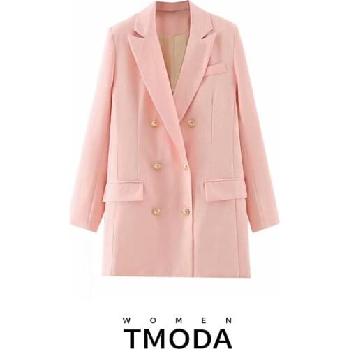 TMODA559 Women 2021 Fashion Office Wear Double Breasted Blazer Coat Vintage Long Sleeve Pockets Female Outerwear Chic Tops