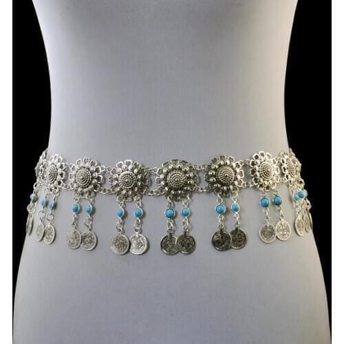 Turkish Vintage Beach Blue Stone Flower Shaped Belt Waist Chains Women Gypsy Boho Coin Tassel Belly Body chains Tribal Jewelry
