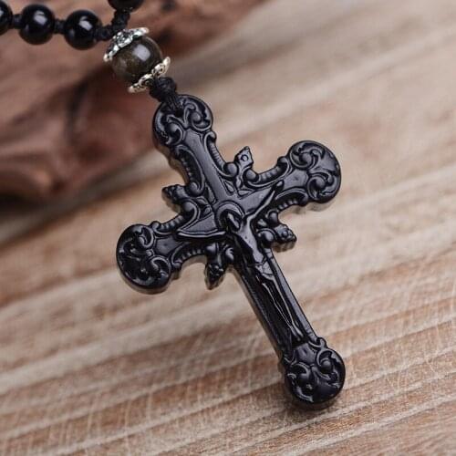 Top Quality Natural Obsidian Stone Pendant Carved Cross Amulet Lucky Pendant Necklace Women Mens Fine Jade Jewelry
