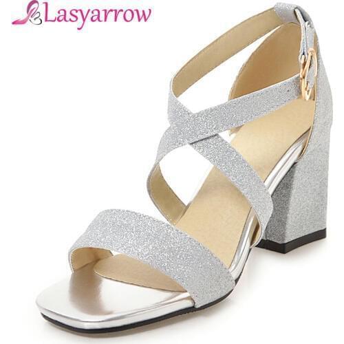 Lasyarrow zapatos de mujer chaussures femme zapatos mujer tacon chunky high heels open toe gladiator sandalias gold silver