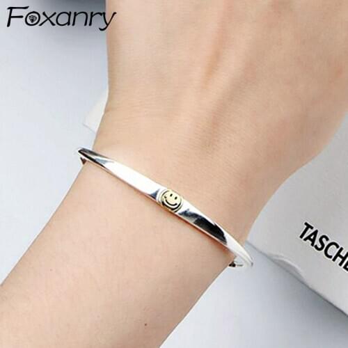 Foxanry Minimalist 925 Sterling Silver Smiley Face Bangles & Bracelet for Women Creative Trendy Wedding Bride Jewelry Gifts