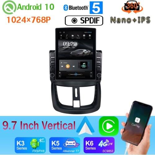 Android auto 9.7" Vertical Style Car Media Player GPS For Peugeot 207 2006-2015 Android 10 PX6 4+64G Radio 360 4*AHD Camera DSP