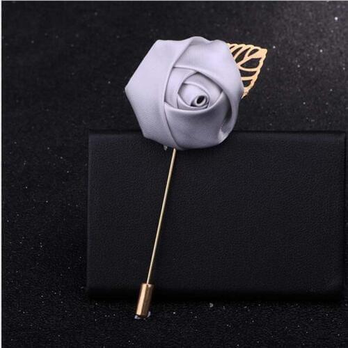 10Pcs Best Man Groom Boutonniere Silver Silk Satin Rose Flower men buttonhole Wedding Party Prom Man Suit Corsage Pin Brooch