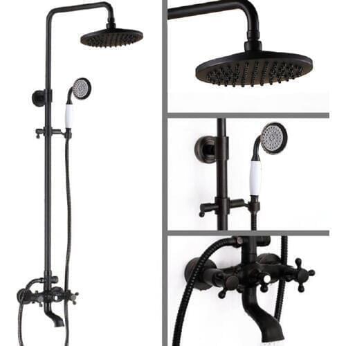 Black Oil Rubbed Brass Dual Cross Handles Bathroom 8 Inch Round Rain Shower Faucet Set Bath Tub Mixer Tap Hand Shower mrs382