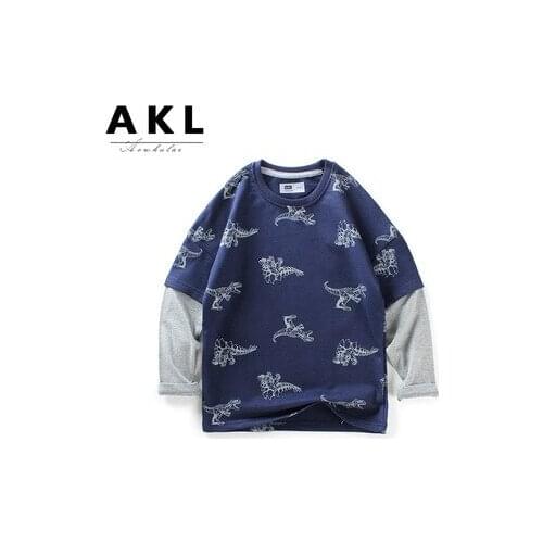 Childrens T-shirt 2021 Spring and Autumn Korean New Childrens Long-sleeved Fake Two-piece Dinosaur Print T Shirt Boys Top Tees