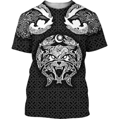 Fashionable Viking finlier Wolf Tattoo 3D mens and womens full print T-shirt fashion leisure beach Street hip hop T-shirt