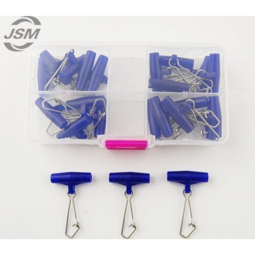 JSM 20pcs Blue Plastic Head Swivel With Hooked Snap Fishing Sinker Slide Swivels For Braid Fishing Line Slider Tackle With Box