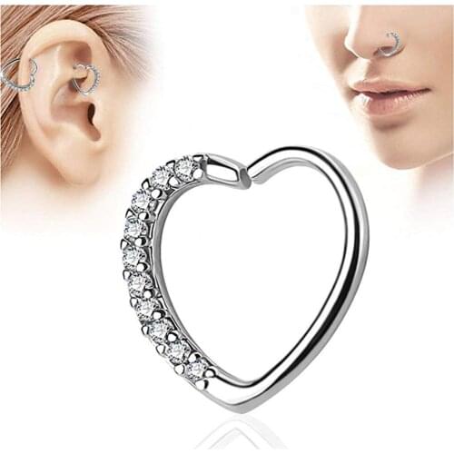 14G 16G Nose Ring Hoop CZ Heart Daith Tragus Helix Cartilage Ear Body Piercing Surgical Steel Heart Ring Piercing Body Jewelry