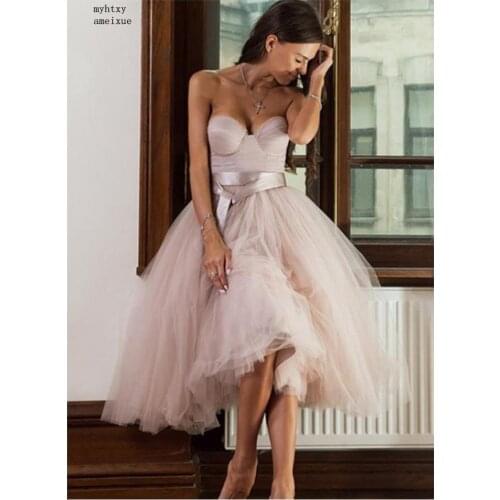 Short Informal Strapless Cheap Wedding Dress 2020 Beach Bride Dress Knee Length Hot Sale Tulle Wedding Gowns Vestido De Noiva