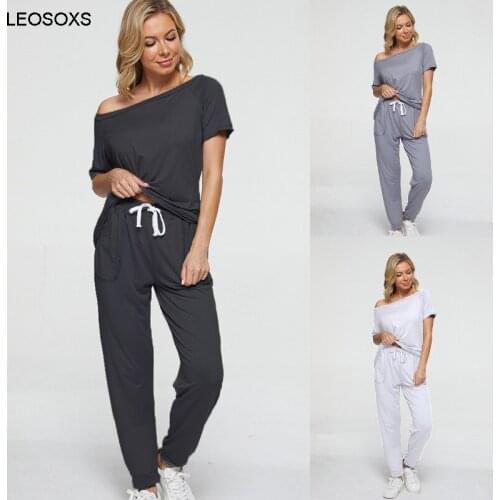 Summer Suit For Women 2021 New One Shoulder Solid Color Womens Trousers Short Sleeve Casual Two Piece Home Suit