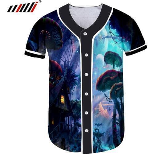 UJWI Man Button T-shirt Fashion Short 3D Printing Magic mushroom Lovely Big Size Garment Mens Baseball Jersey Shirt