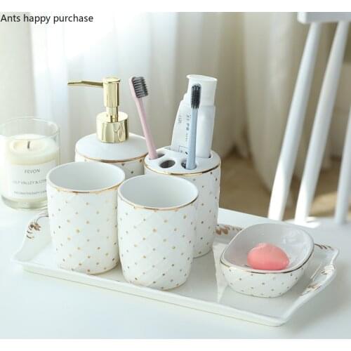 Nordic Bathroom Five-piece Set Ceramics Golden Spots Mouthwash Cup Toothbrush Holder Lotion Bottle Soap Dish Household Wash Set