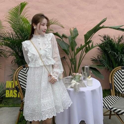 2021 autumn new fashion Korean style western style French lace stand-up collar long-sleeved dress women