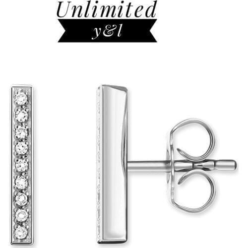 Straight Line Simple Stud Earrings for Women Men Thomas Style White Cubic Zirconia Earrings 925 Stering Silver Fashion Jewelry