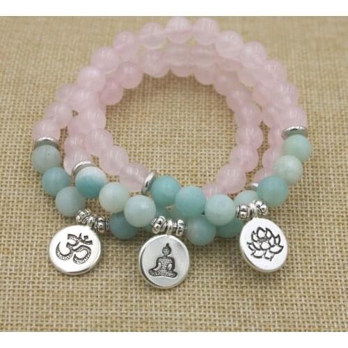 Pink Crystal And Amazonite Stone Beads With Charm Bracelet Natural Stone Mala Bracelet