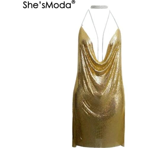 ShesModa Sexy Deep V-neck Alloy Metal Halter Backless Party Club Womens Mini Dress