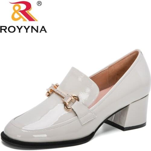 ROYYNA 2021 New Designers Genuine Patent Leather Classics Thick Heel Women Shoes Square Toe Dress Work Pumps Ladies Wedding Shoe