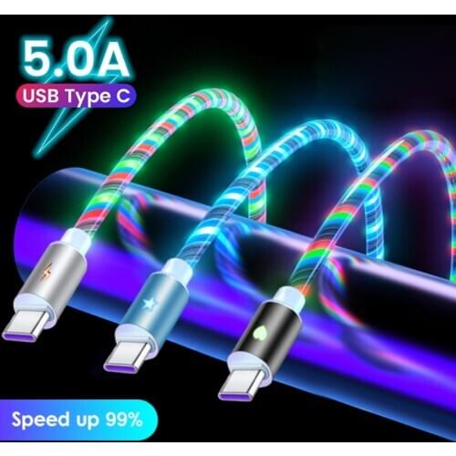 5A Flowing Colors LED Glow USB Charger Type C Cable for Android Micro USB Charging Cable for Samsung Charge Wire Cord