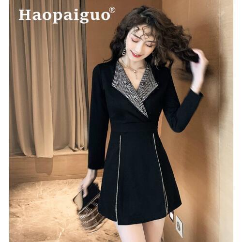 2019 Autumn Winter Black Streetwear Cool Women 2 Piece Set Casual Zipper Mini Dress with Diamond and Modis Shorts Women Suit Set