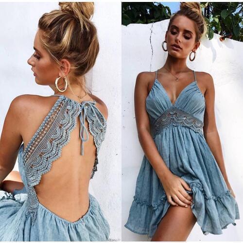 Women Sexy Lace Halter Sling Waist Party Dress Elegant Bohemian Summer Beach Sundress Sexy Halter dress with lace waist