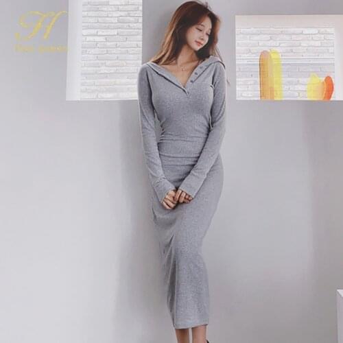 H Han Queen Elegant Office Wear Pencil Dress Women Autumn Hooded Sheath Long Dresses Simple Casual Bodycon Vestidos 2020 Autumn