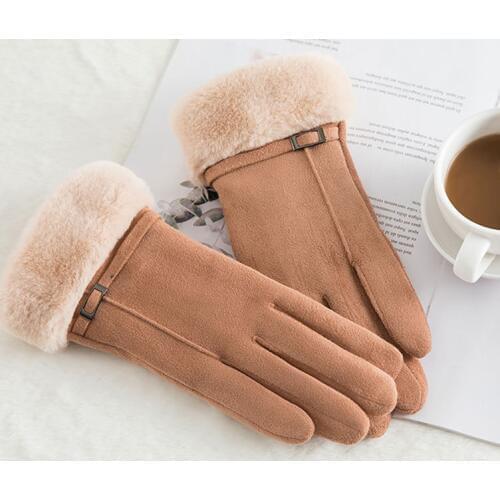 Winter Female Double Thick Plush Wrist Warm Cashmere Cute Cycling Mittens Women Suede Leather Touch Screen Driving Glove C56